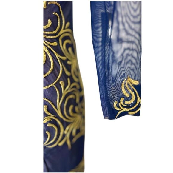 HOLT Maison De Luxe Hand Painting Navy & Gold Mini Embroidered Dress Size L - Picture 7 of 8